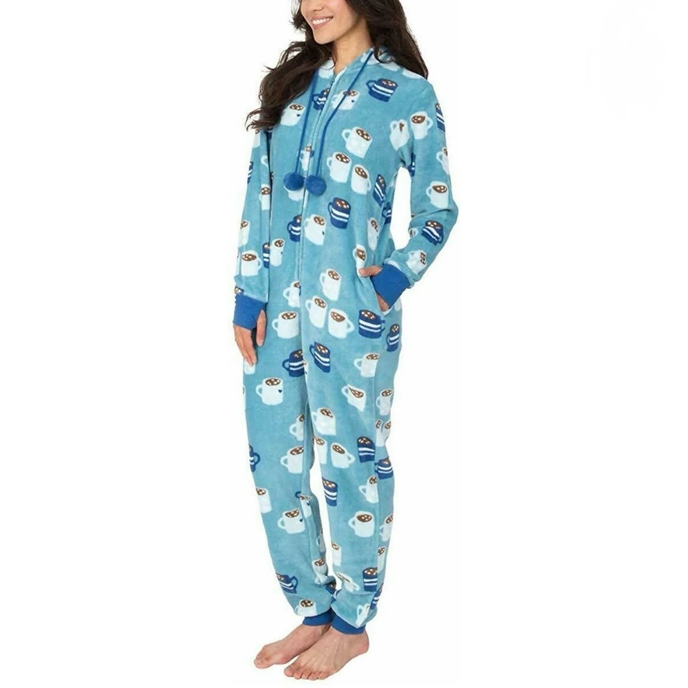 Munki Munki Womens Blue Hot‎ Cocoa Fleece Hooded One Piece Pajama Small Ears Zip - Picture 13 of 14